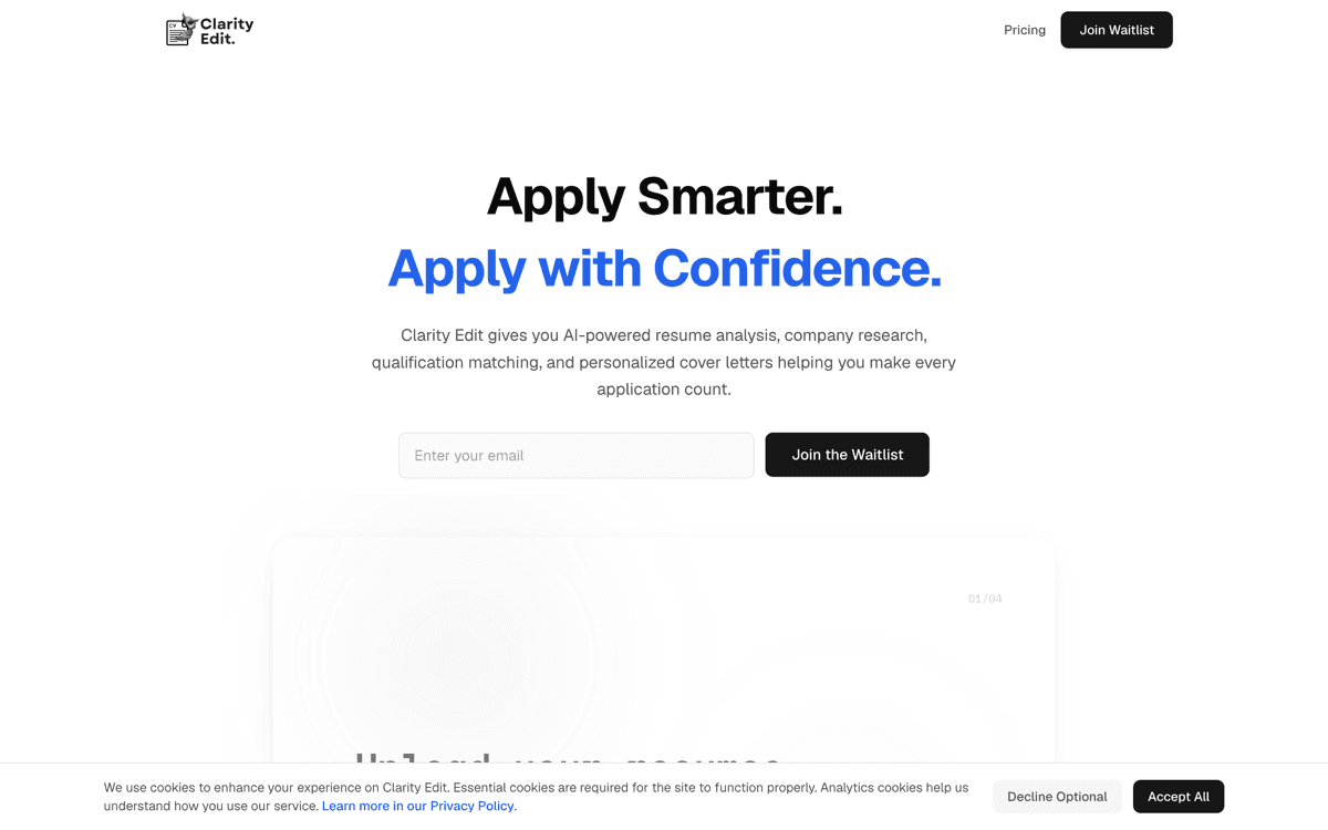 Clarity Edit website interface